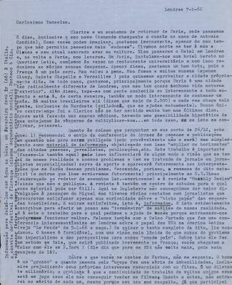 Carta de Vladimir Herzog para Tamás Szmrecsànyi, 7 jan. 1966